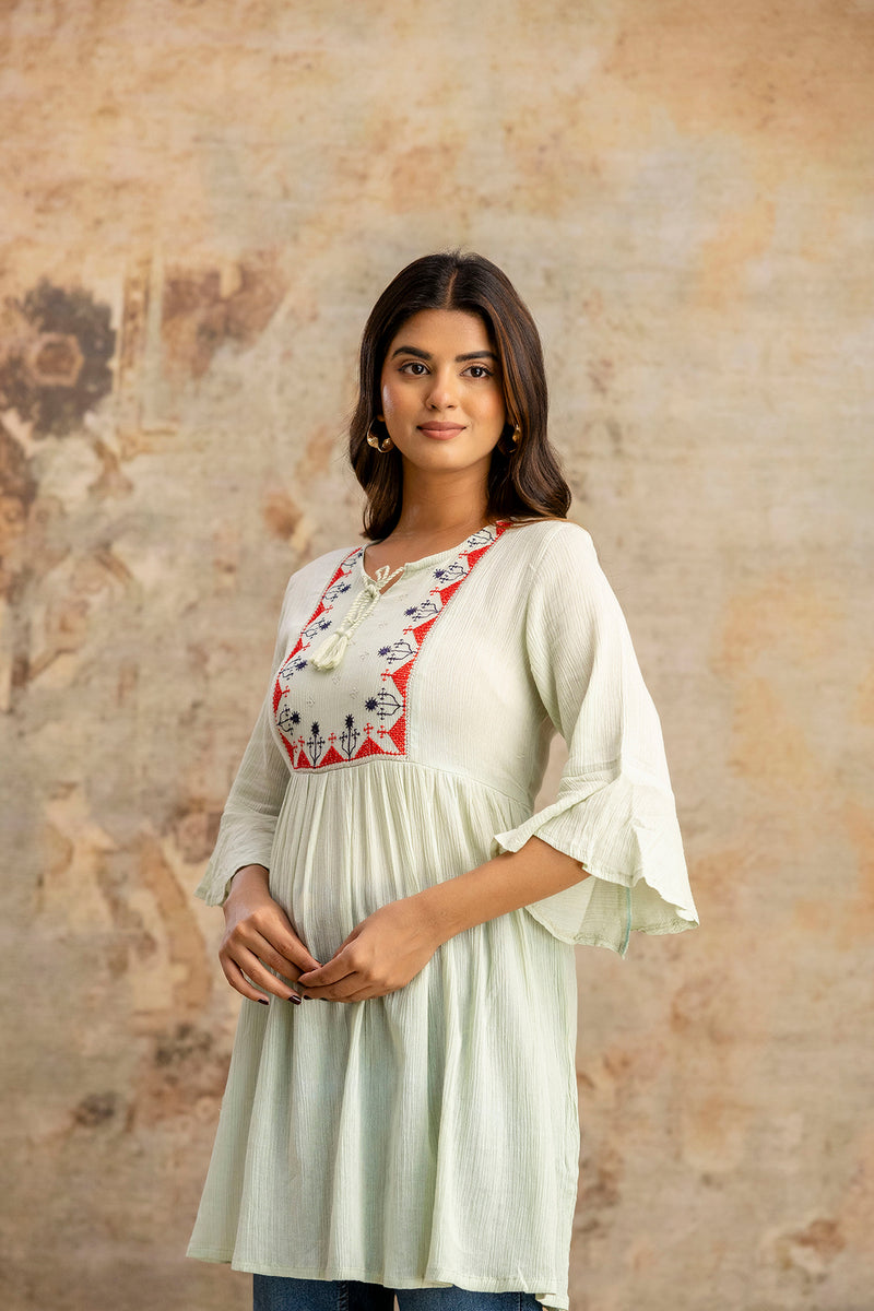 Miramaar Women's Light Green Solid Embroidered Rayon Crepe Top