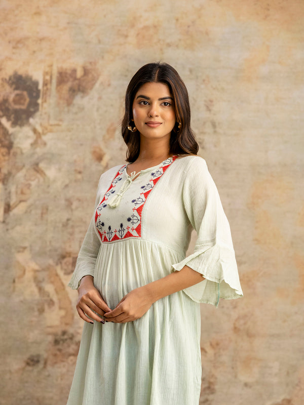 Miramaar Women's Light Green Solid Embroidered Rayon Crepe Top