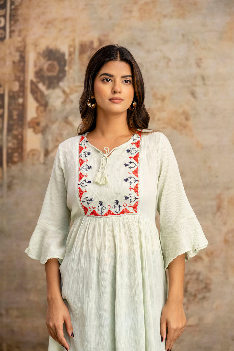 Miramaar Women's Light Green Solid Embroidered Rayon Crepe Top