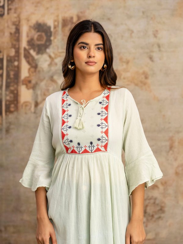 Miramaar Women's Light Green Solid Embroidered Rayon Crepe Top
