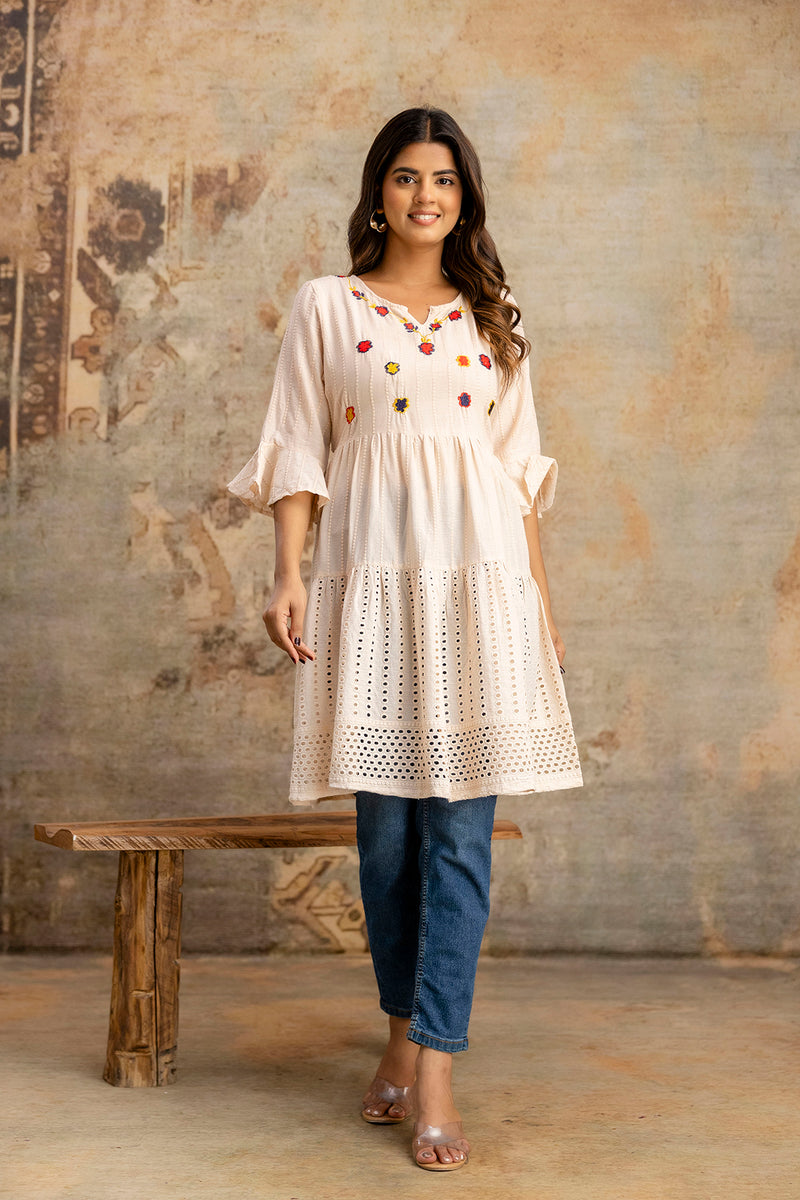 Miramaar Women's Peach Solid Embroidered Cotton Top