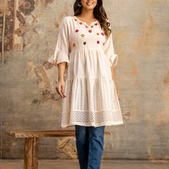 Miramaar Women's Peach Solid Embroidered Cotton Top