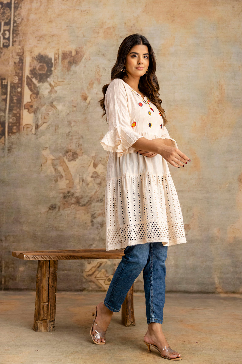 Miramaar Women's Peach Solid Embroidered Cotton Top