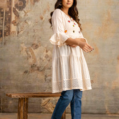 Miramaar Women's Peach Solid Embroidered Cotton Top