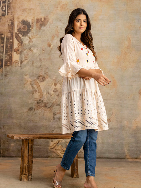 Miramaar Women's Peach Solid Embroidered Cotton Top