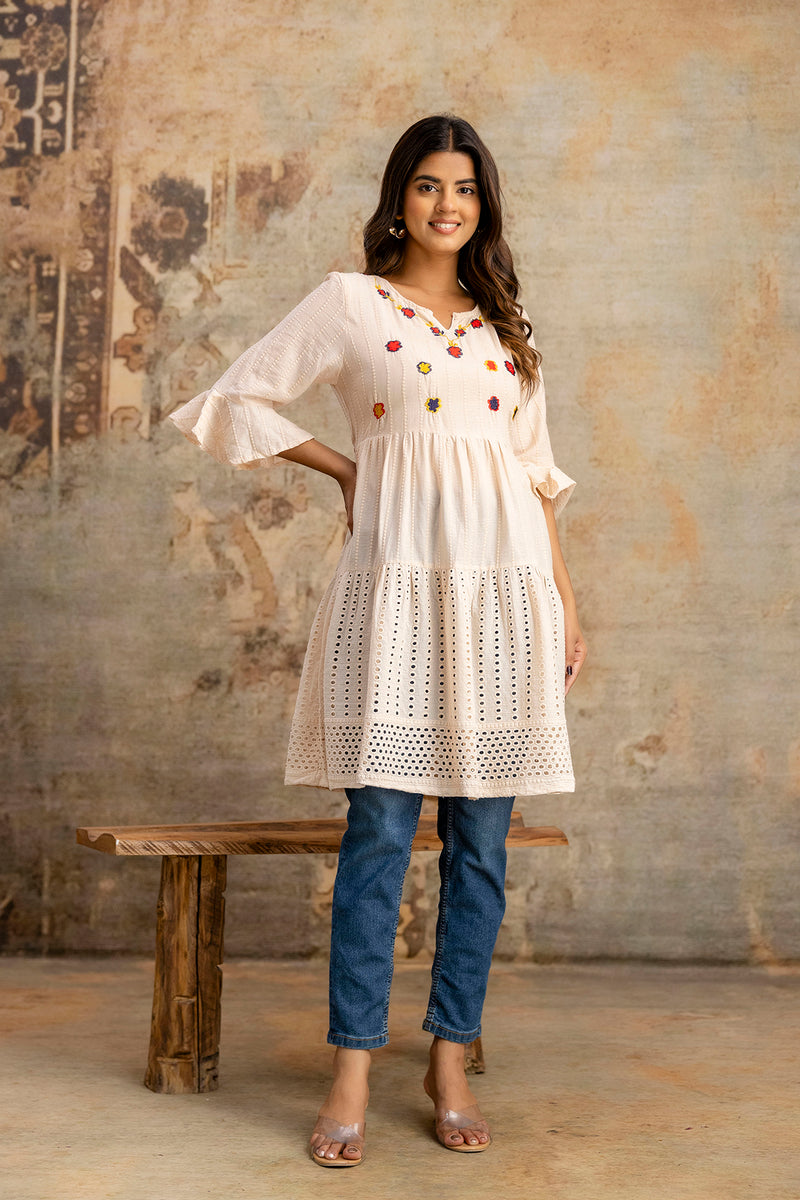 Miramaar Women's Peach Solid Embroidered Cotton Top