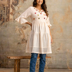 Miramaar Women's Peach Solid Embroidered Cotton Top