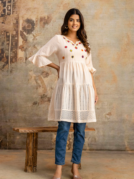 Miramaar Women's Peach Solid Embroidered Cotton Top