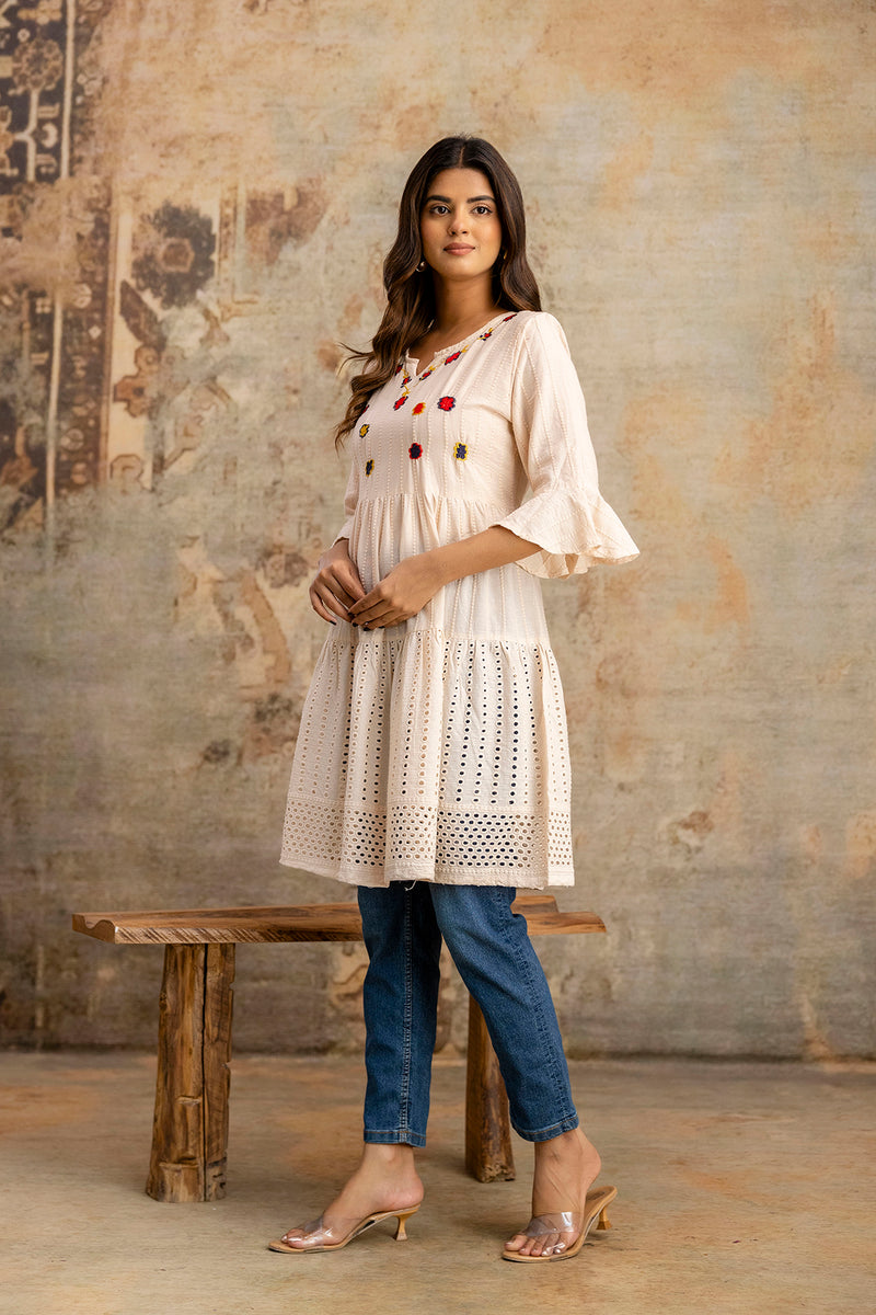 Miramaar Women's Peach Solid Embroidered Cotton Top