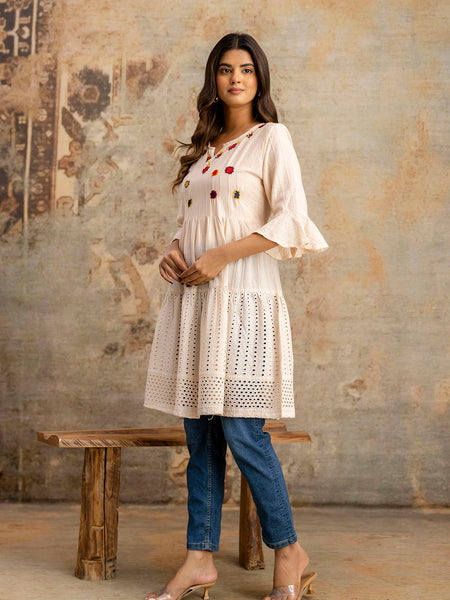 Miramaar Women's Peach Solid Embroidered Cotton Top