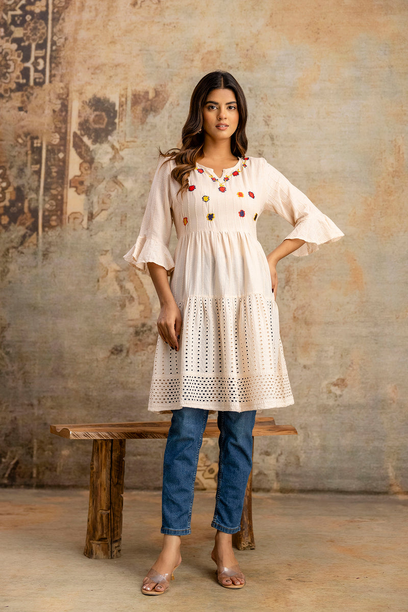 Miramaar Women's Peach Solid Embroidered Cotton Top