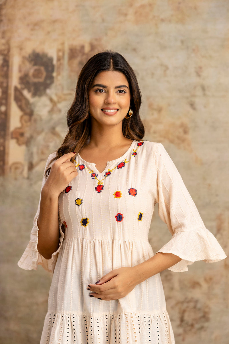 Miramaar Women's Peach Solid Embroidered Cotton Top