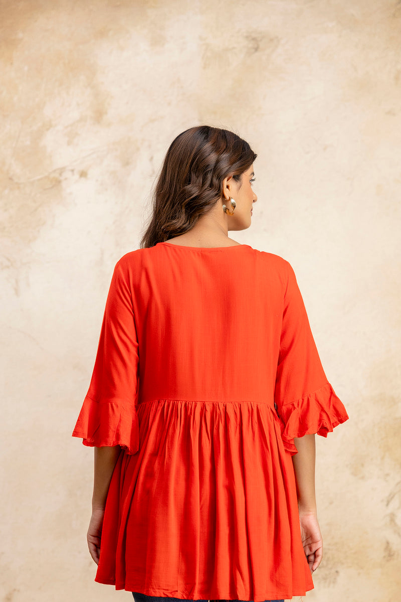 Miramaar Women's Red Solid Embroidered Rayon Top