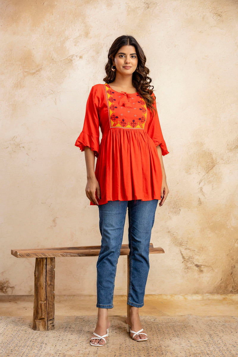 Miramaar Women's Red Solid Embroidered Rayon Top