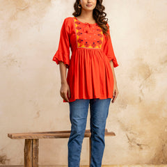 Miramaar Women's Red Solid Embroidered Rayon Top