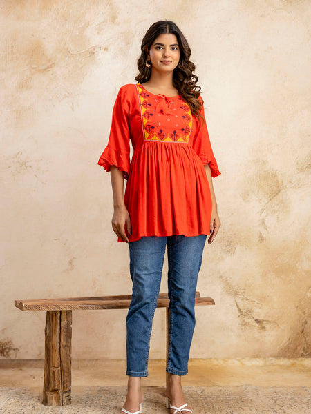 Miramaar Women's Red Solid Embroidered Rayon Top