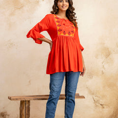 Miramaar Women's Red Solid Embroidered Rayon Top