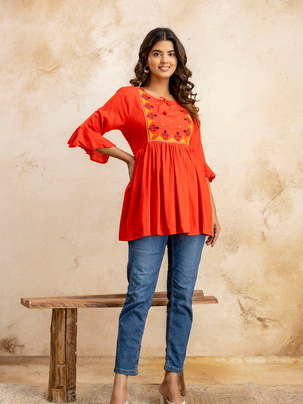 Miramaar Women's Red Solid Embroidered Rayon Top