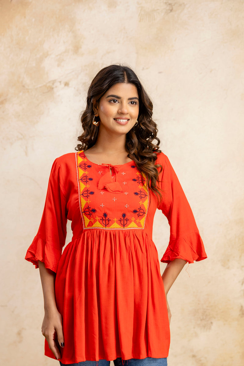 Miramaar Women's Red Solid Embroidered Rayon Top