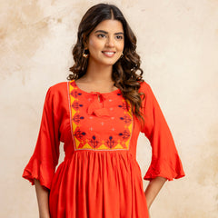 Miramaar Women's Red Solid Embroidered Rayon Top