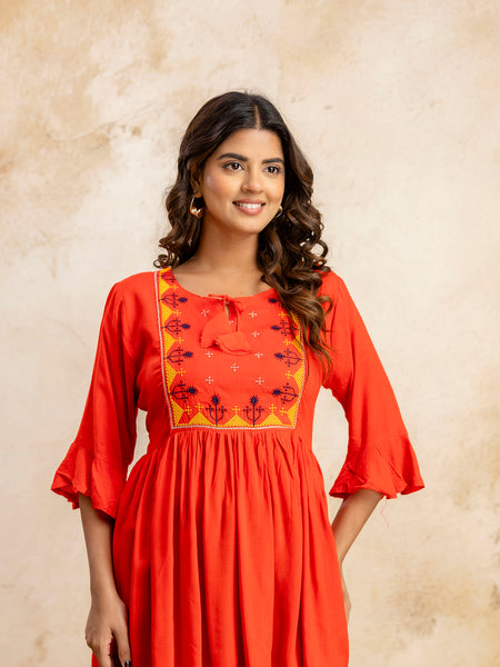 Miramaar Women's Red Solid Embroidered Rayon Top