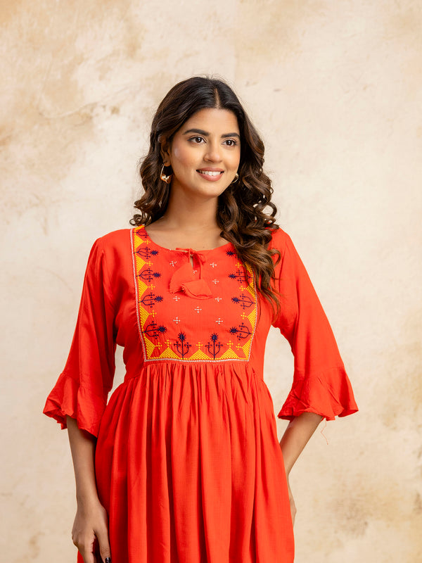 Miramaar Women's Red Solid Embroidered Rayon Top