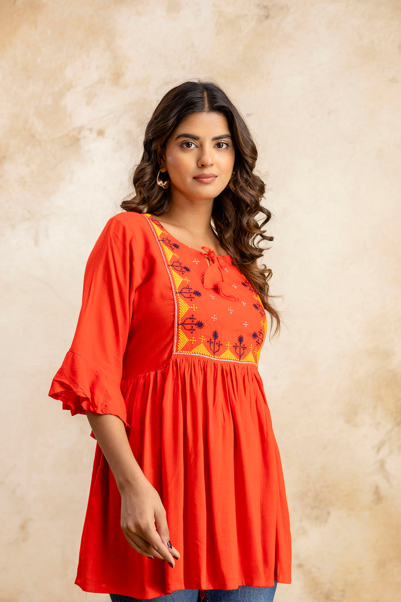 Miramaar Women's Red Solid Embroidered Rayon Top