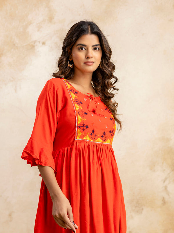 Miramaar Women's Red Solid Embroidered Rayon Top