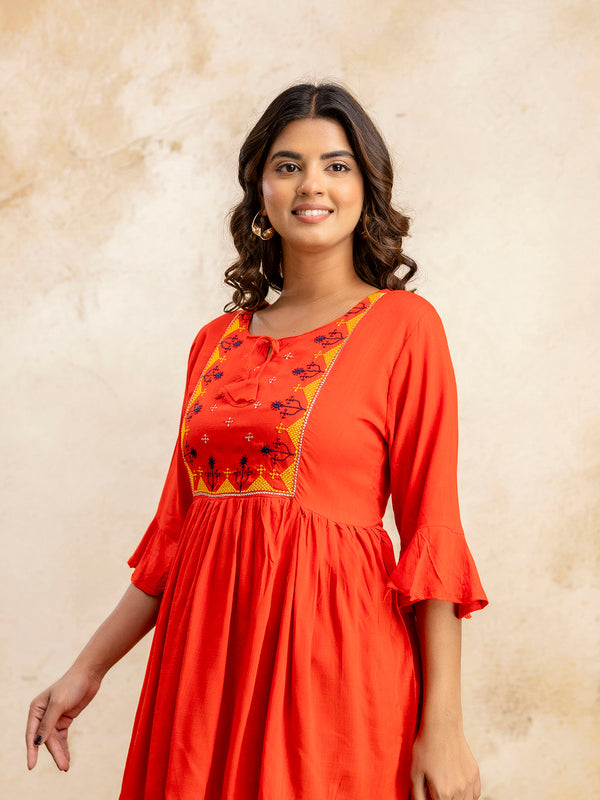 Miramaar Women's Red Solid Embroidered Rayon Top