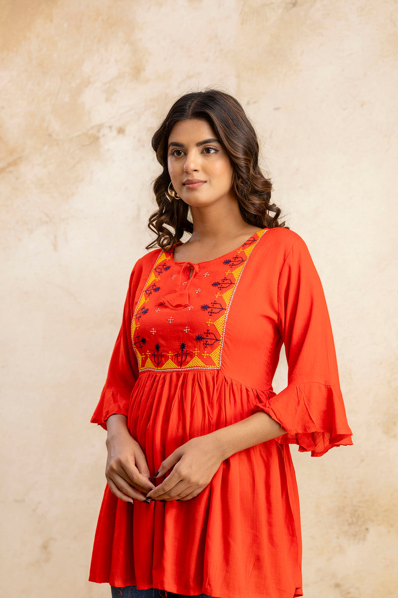 Miramaar Women's Red Solid Embroidered Rayon Top