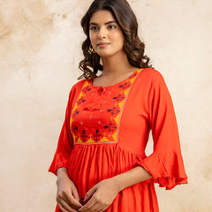 Miramaar Women's Red Solid Embroidered Rayon Top