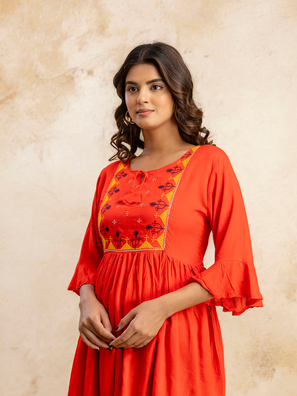 Miramaar Women's Red Solid Embroidered Rayon Top