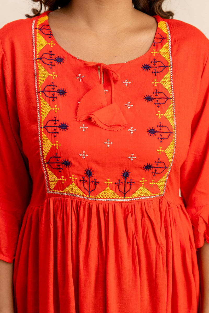 Miramaar Women's Red Solid Embroidered Rayon Top