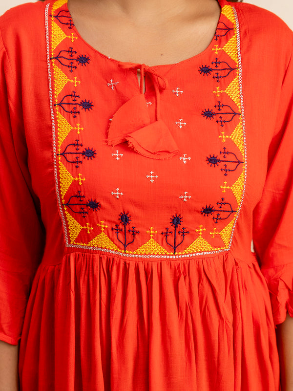 Miramaar Women's Red Solid Embroidered Rayon Top