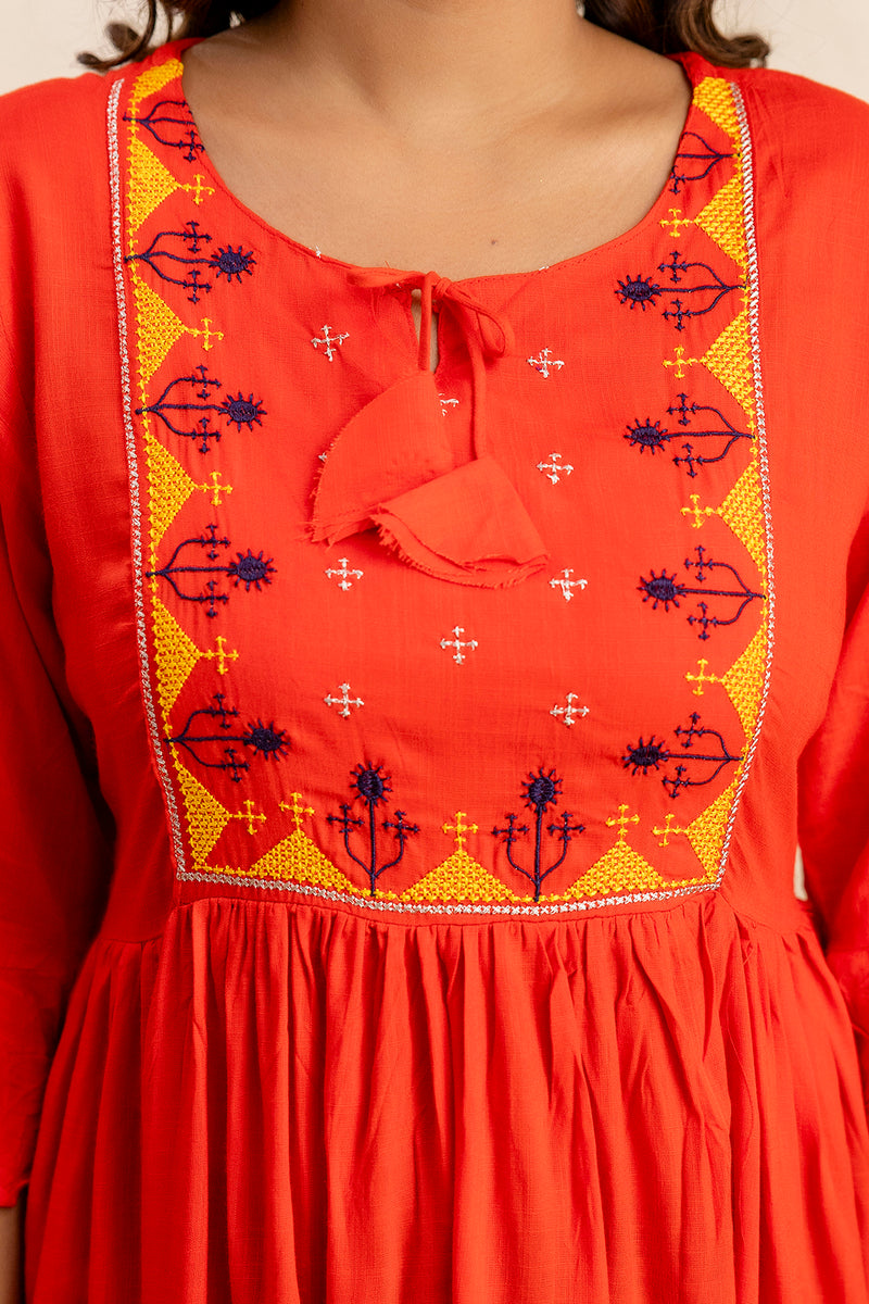 Miramaar Women's Red Solid Embroidered Rayon Top