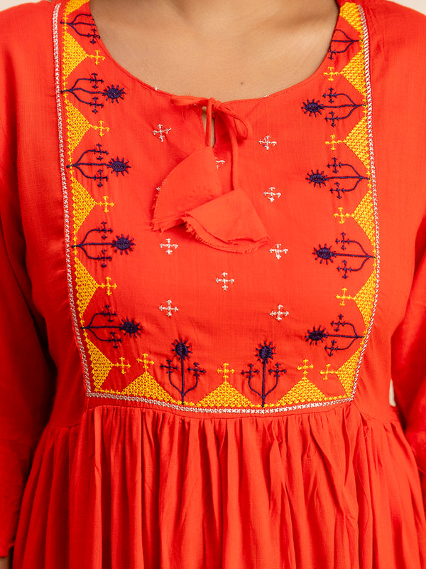 Miramaar Women's Red Solid Embroidered Rayon Top