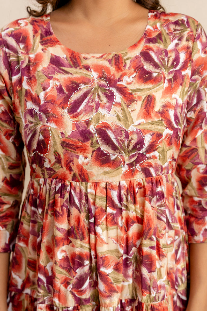 Miramaar Women's Red Mulmul Round Neck Fit and Flare Dress