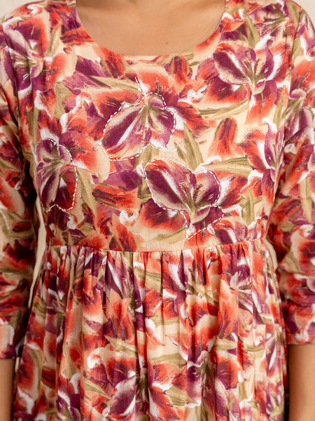 Miramaar Women's Red Mulmul Round Neck Fit and Flare Dress