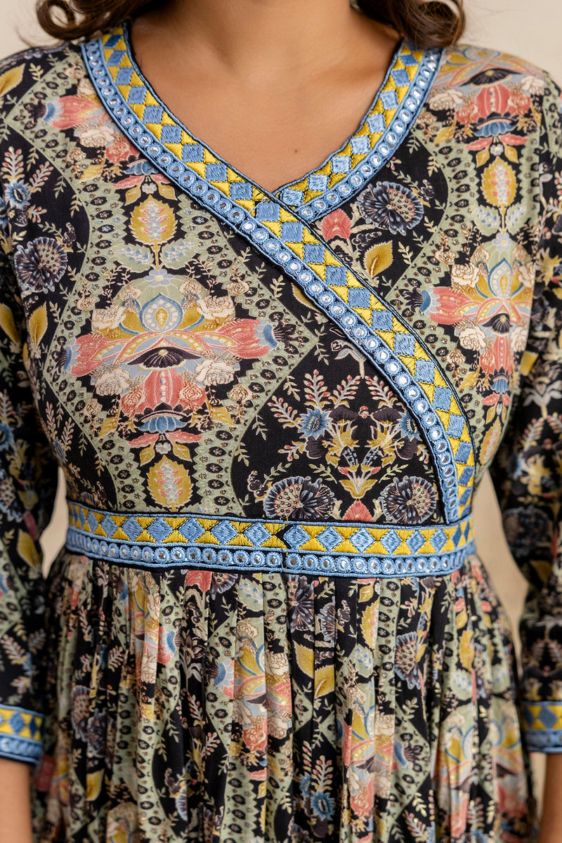 Miramaar Women's Printed Blue Rayon Fit and Flare Dress