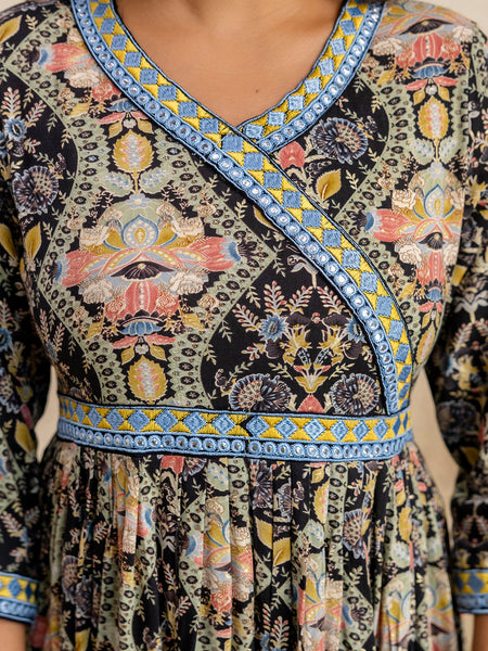 Miramaar Women's Printed Blue Rayon Fit and Flare Dress