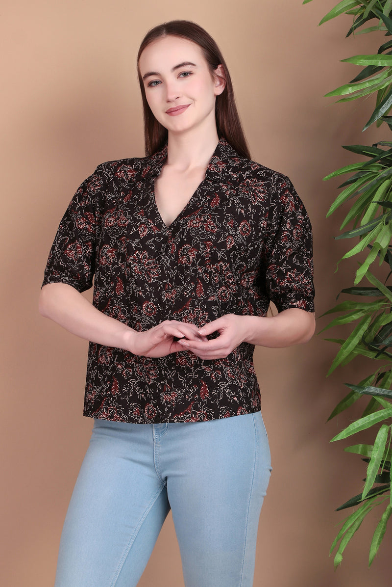 Miramaar Women's Cotton Printed Black Regular Top