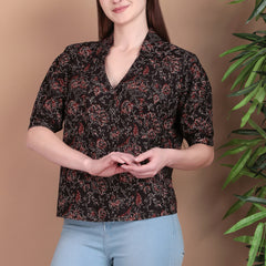 Miramaar Women's Cotton Printed Black Regular Top