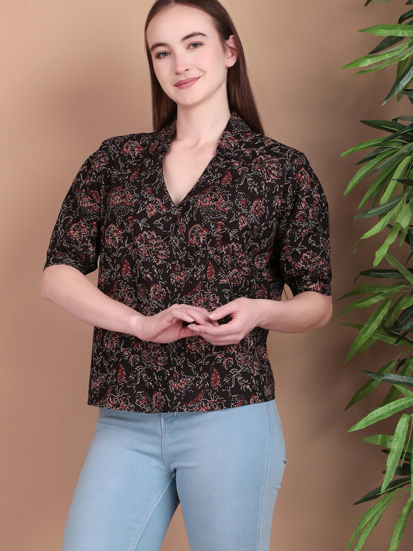 Miramaar Women's Cotton Printed Black Regular Top