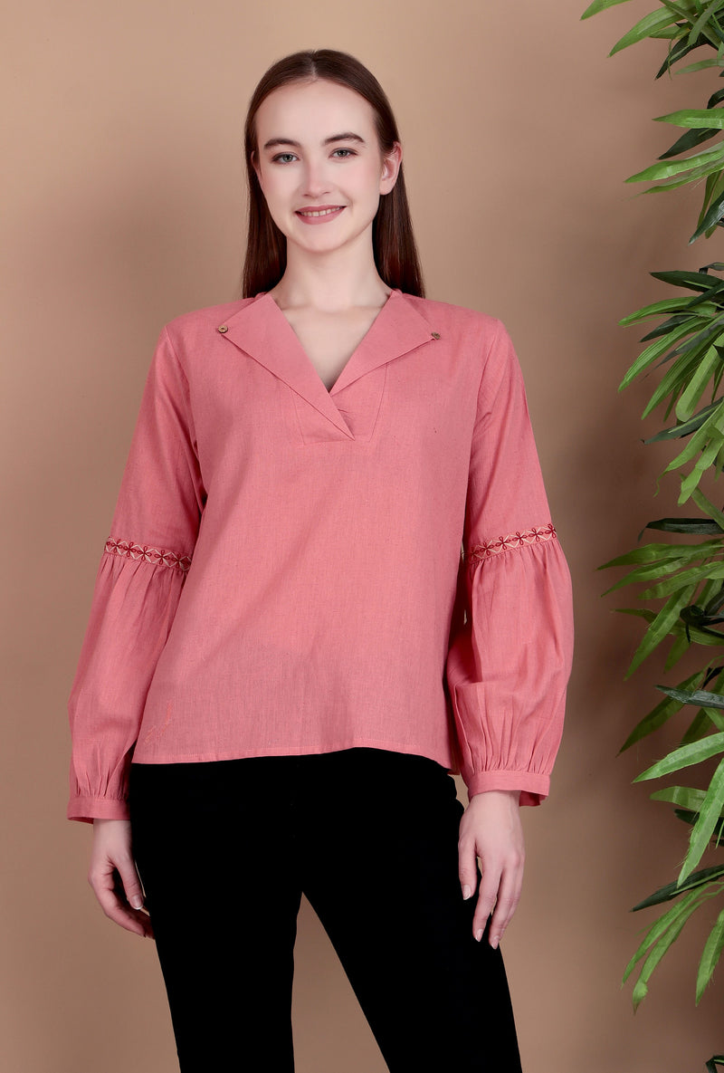 Miramaar Women's Cotton Flex Collared Pink Solid Embroidered Top