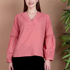 Miramaar Women's Cotton Flex Collared Pink Solid Embroidered Top