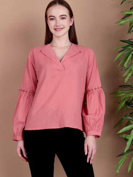 Miramaar Women's Cotton Flex Collared Pink Solid Embroidered Top