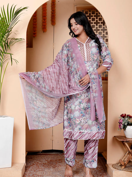 Miramaar Women's Multicolor Printed Linen Straight Kurta Dupatta Set