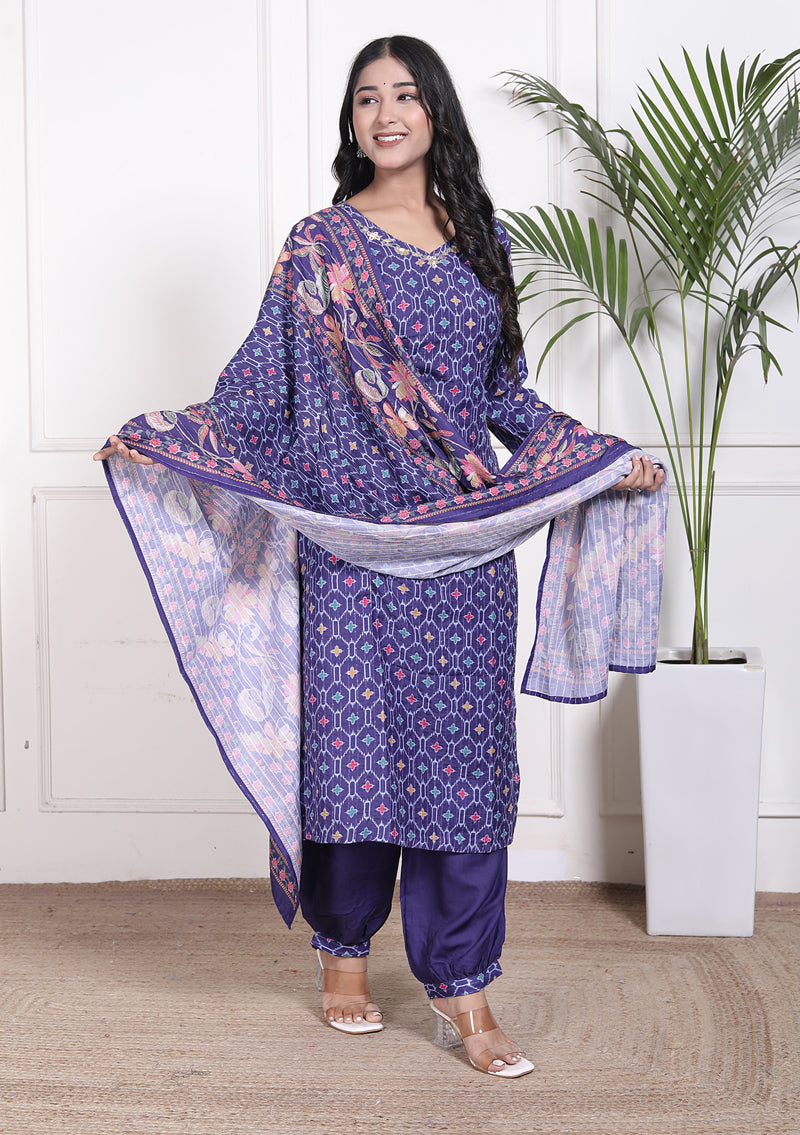 Miramaar Women's Blue Muslin V-Neck Kurta Set with Dupatta