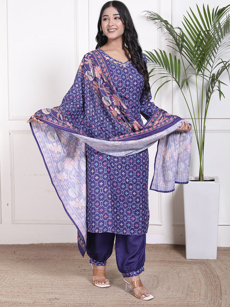 Miramaar Women's Blue Muslin V-Neck Kurta Set with Dupatta