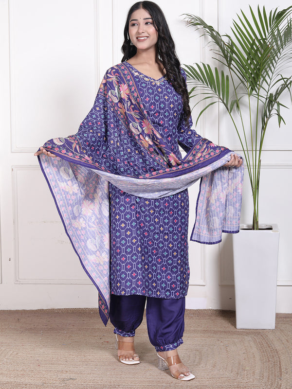 Miramaar Women's Blue Muslin V-Neck Kurta Set with Dupatta